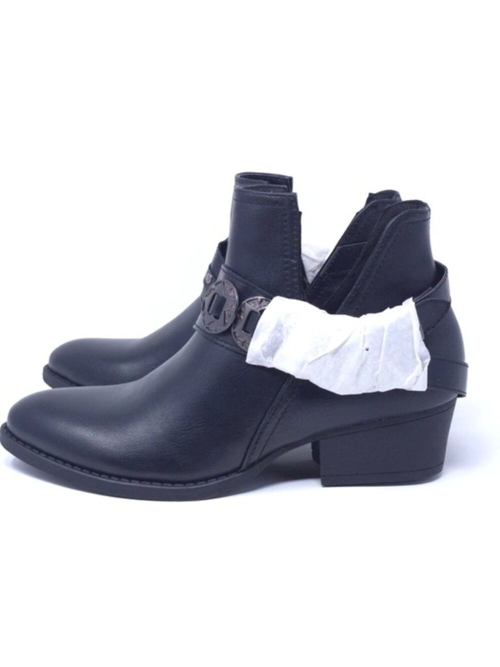 GC Shoes Buckle Wrap V-Cut Black Low Heel Ankle Booties M6.5 - Picture 5 of 10